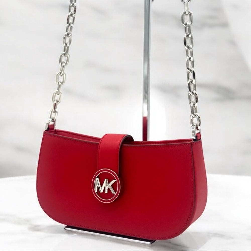 Michael Kors Carmen Small Pouchette Crossbody Bag Red/Silver